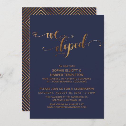 Gold und Marine - wir feierten nach der Hochzeit Einladung (Vorne/Hinten)