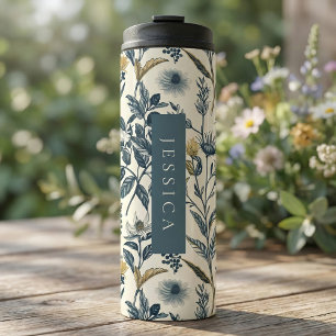 Gold- und Marineblau-vintage botanisches Wildblume Thermosbecher
