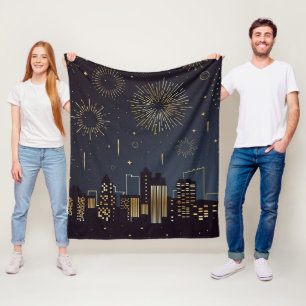 Gold und Midnight Blue City mit Feuerwerk Fleecedecke