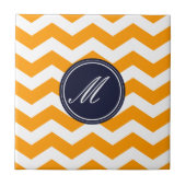 Gold und Navy Blau Zickzack mit Monogramm-Tile Fliese (Vorderseite)