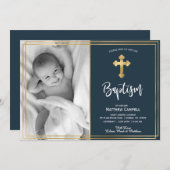 Gold und Navy Blauer Taufen Einladung (Vorne/Hinten)