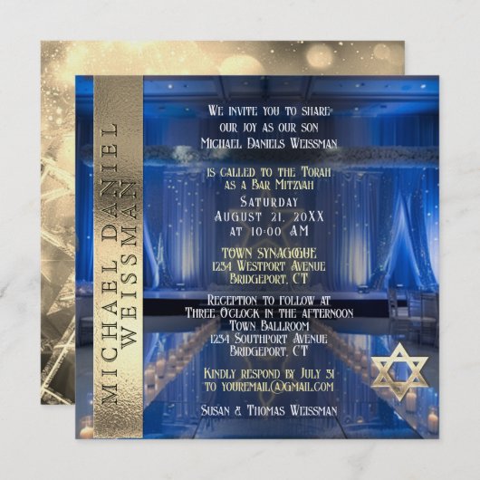 Gold und Navy Blue Bar Mitzvah Einladung (Vorne/Hinten)
