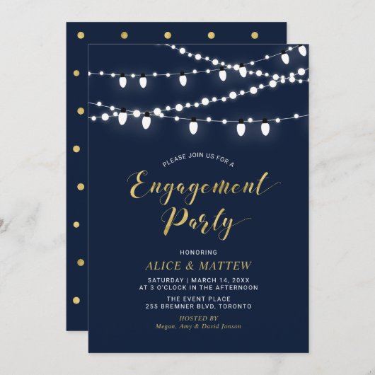 Gold und Navy Blue | Chic Modern Engagement Party  Einladung (Vorne/Hinten)
