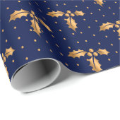 Gold und Navy Blue Christmas Holly Geschenkpapier (Rolleneckpunkt)