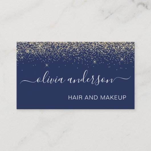 Gold und Navy Blue Glitzer Haar Makeup Salon Visitenkarte (Vorderseite)