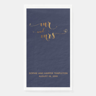 Gold und Navy Blue Mr. und Mrs. Calligraphy w Hear Serviette