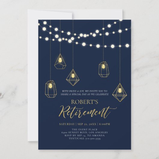 Gold und Navy Blue | String Lights Retirement Part Einladung (Vorderseite)