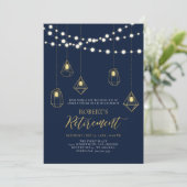 Gold und Navy Blue | String Lights Retirement Part Einladung (Stehend Vorderseite)