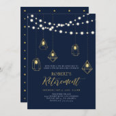 Gold und Navy Blue | String Lights Retirement Part Einladung (Vorne/Hinten)