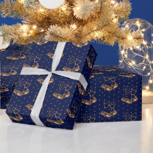 Gold und Navy Blue Weihnachtsglocken Geschenkpapier