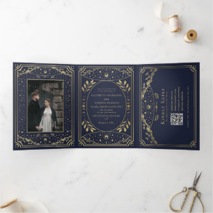 Gold und Navy Elegantes Tarot Hochzeits-QR-Code Dreifach Gefaltete Einladung