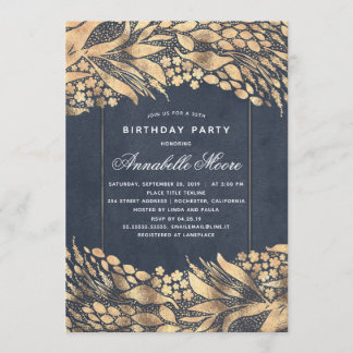 Gold und Navy Foliage Elegante Geburtstagsparty Einladung