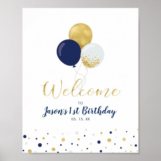 Gold und Navy | Junge 1. Geburtstag Willkommen Poster (Vorne)
