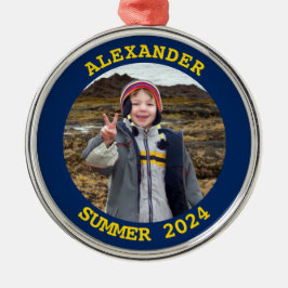 Gold und Navy Personalisiertes Round Family Foto Ornament Aus Metall