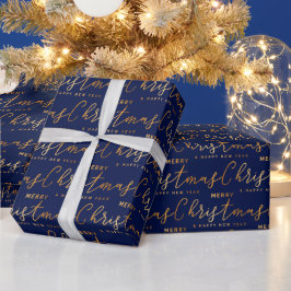 Gold- und Navyblau Frohe Weihnachten Wortkunst Geschenkpapier