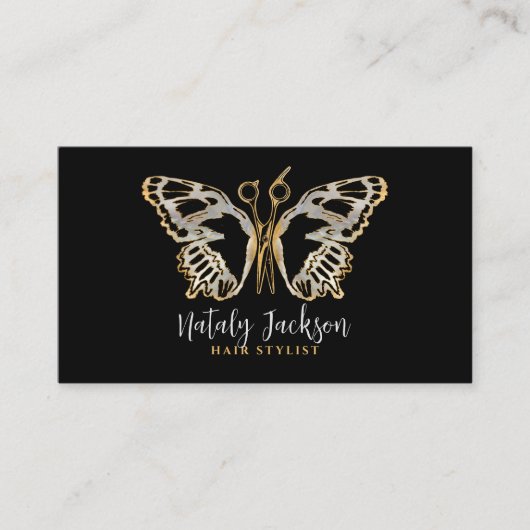 Gold- und Perlschere und Schmetterling Stilvoll Visitenkarte (Vorderseite)
