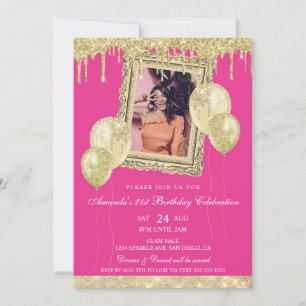 Gold- und Pink-Glitter-Tropfen-Fotorahmen Einladung