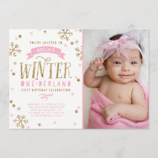 Gold und Pink Winter Onederland 1. Geburtstag Foto Einladung
