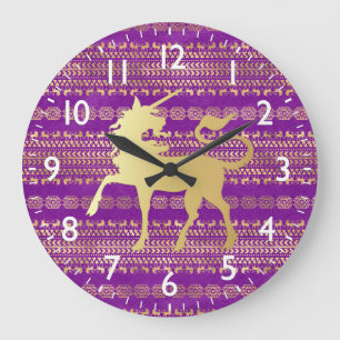 Gold- und Purpur-Bohemian-Muster und Einhorn Große Wanduhr