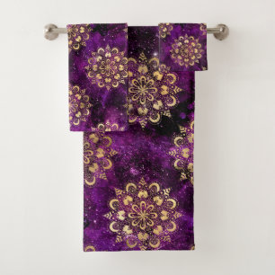 Gold- und Purpur-Galaxie-Dharma-Mandala-Muster Badhandtuch Set