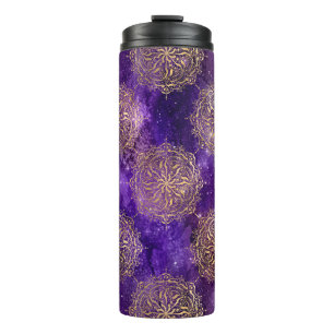 Gold- und Purpur-Galaxie-Dharma-Mandala-Muster Thermosbecher