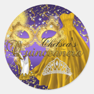 Gold- und Purpurmasken-Masquerade-Quinceanera-Aufk Runder Aufkleber
