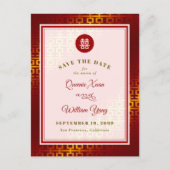 Gold und Red Double Happy Chinese Save the Date Ankündigungspostkarte (Vorderseite)