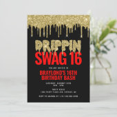 Gold und Red Drippin Swag 16 Geburtstag Einladung (Stehend Vorderseite)