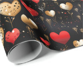 Gold und Red Hearts auf Black Luxury Geschenkpapier (Rolleneckpunkt)