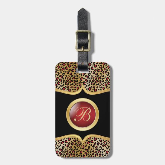 Gold und Red Leopard Animal Print | Monogramm Gepäckanhänger (Vorderseite vertikal)