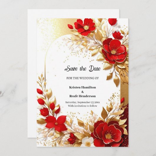 Gold und Red Wedding Save The Date (Vorne/Hinten)