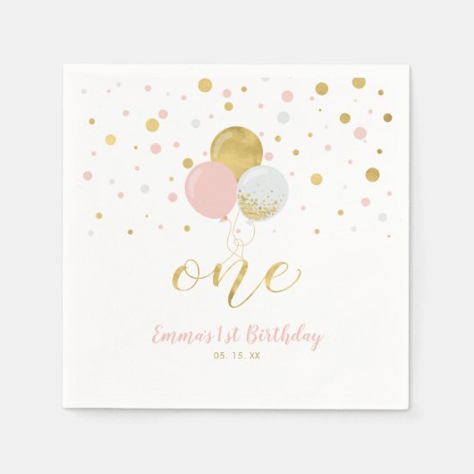 Gold und Rosa | Ballons, Confetti Girl 1. Geburtst Serviette (Vorderseite)