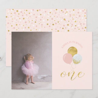 Gold und Rosa Ballons | Girl 1. Geburtstag Party I Einladung