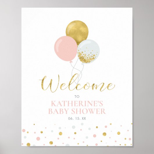 Gold und Rosa Ballons | Girl Baby Dusche Willkomme Poster (Vorne)
