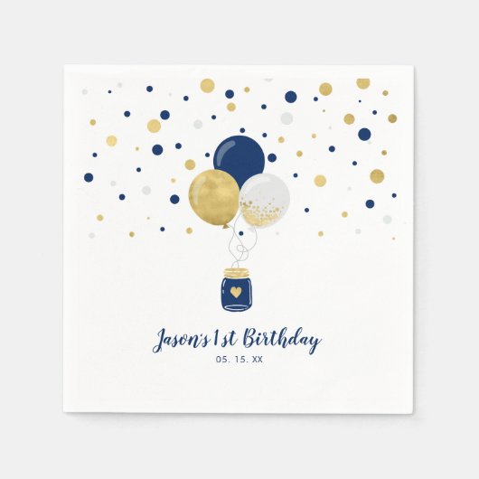 Gold und Rosa | Balloons & Confetti Boy Geburtstag Serviette (Vorderseite)