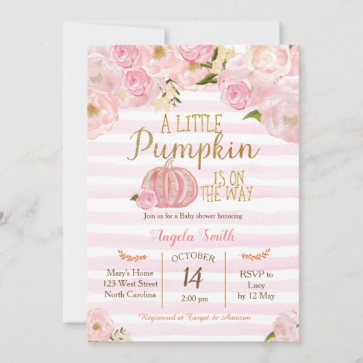 Gold und rosa Kürbis-Babyparty-Einladung Einladung (Vorderseite)