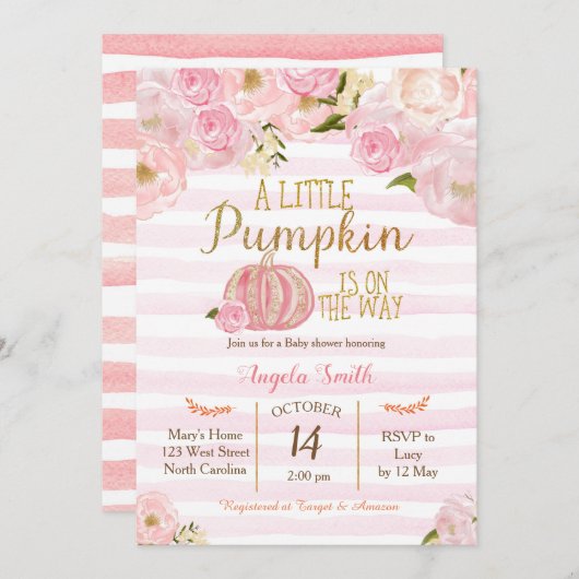 Gold und rosa Kürbis-Babyparty-Einladung Einladung (Vorne/Hinten)