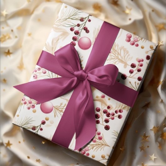 Gold und Rosa | Ornamente & Winterberry Muster Geschenkpapier