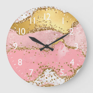Gold- und rosa Pailletten Achat Große Wanduhr