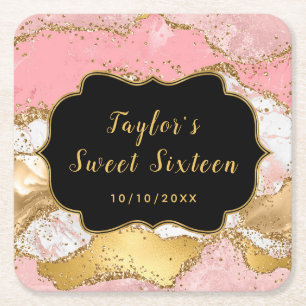 Gold- und rosa Pailletten Achat Sweet Sixteen Rechteckiger Pappuntersetzer