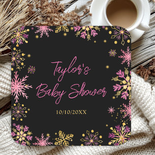 Gold- und rosa Schneeflocken-Baby-Party Rechteckiger Pappuntersetzer