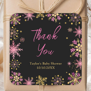 Gold- und rosa Schneeflocken-Baby-Shower-Dankeschö Quadratischer Aufkleber