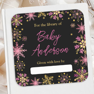Gold- und rosa Schneeflocken-Baby-Shower-Exlibris Quadratischer Aufkleber