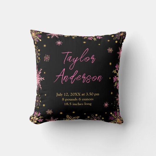 Gold und Rosa Schneeflocken Geburtsstunde Kissen (Vorderseite)