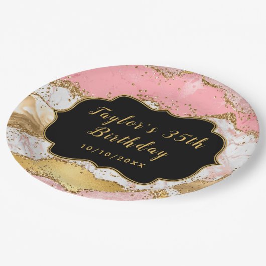 Gold und Rosa Sequins Agate Birthday Pappteller (Schrägansicht)