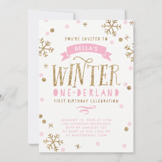 Gold und rosa Winter Onederland erster Geburtstag Einladung