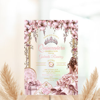 Gold- und Rosablush-Tiara-Floral-Quinceañera Acryleinladungen