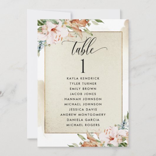 Gold- und rosafarbene Sitzplakatkarten mit Gästenn (Vorderseite)