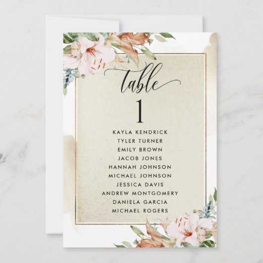 Gold- und rosafarbene Sitzplakatkarten mit Gästenn (Rückseite)