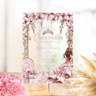 Gold- und Rosé-goldene Tiara Floral Quinceañera Acryleinladungen